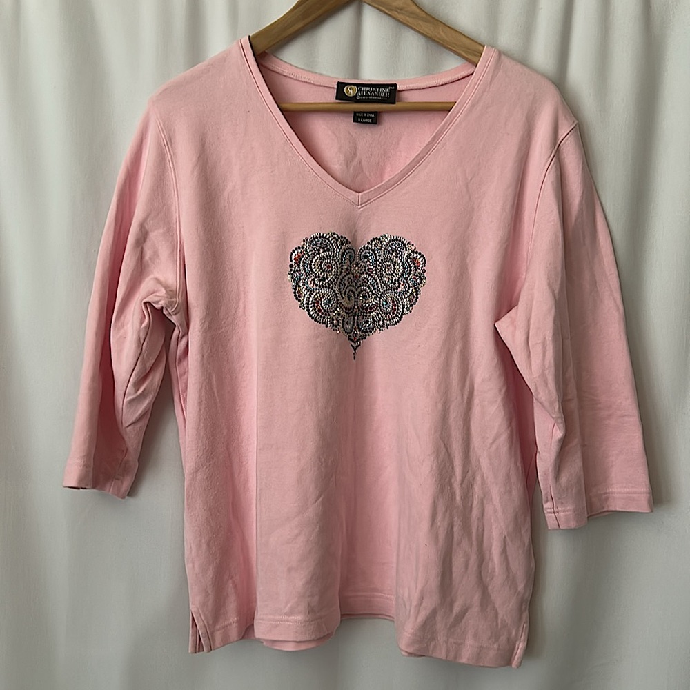 Christine Alexander Soft Pink Jeweled Heart 3/4 Sleeve Shirt Top **Size XL** 💖💖 - Picture 1 of 4